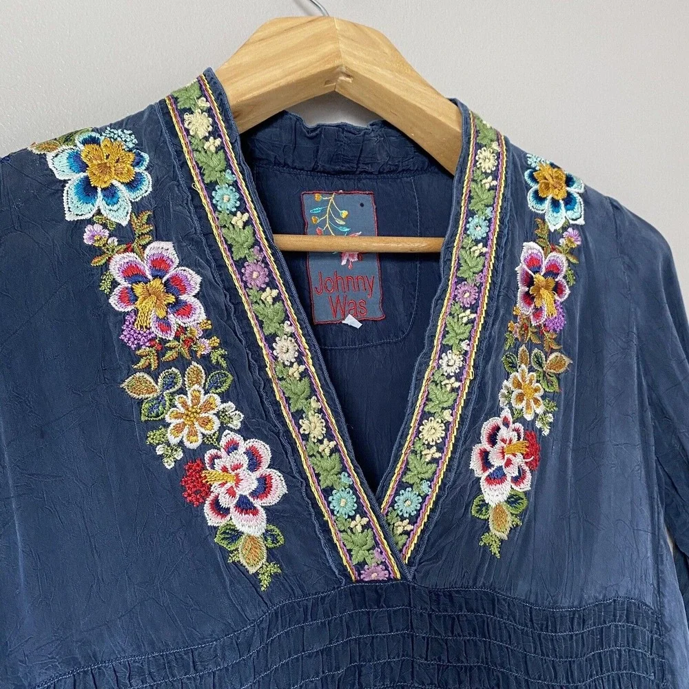 Johnny Was Navy Embroidered Dress Long Sleeve V‎ Neck Women's Size XS